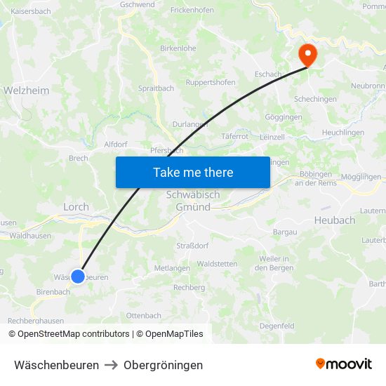 Wäschenbeuren to Obergröningen map