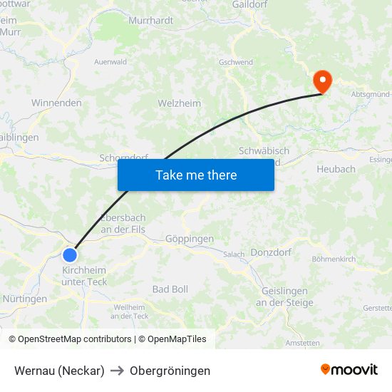 Wernau (Neckar) to Obergröningen map