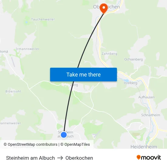 Steinheim am Albuch to Oberkochen map