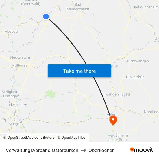 Verwaltungsverband Osterburken to Oberkochen map