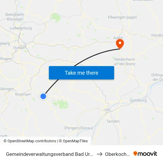 Gemeindeverwaltungsverband Bad Urach to Oberkochen map