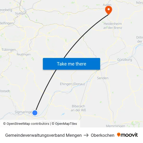 Gemeindeverwaltungsverband Mengen to Oberkochen map