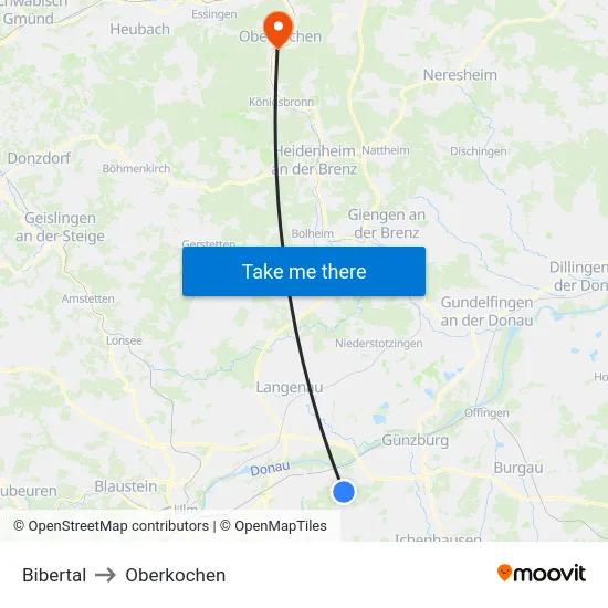 Bibertal to Oberkochen map