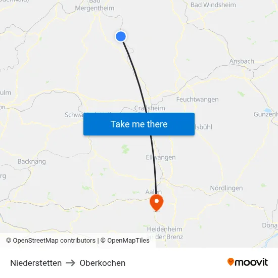 Niederstetten to Oberkochen map