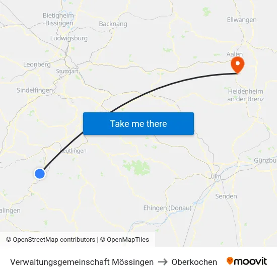 Verwaltungsgemeinschaft Mössingen to Oberkochen map