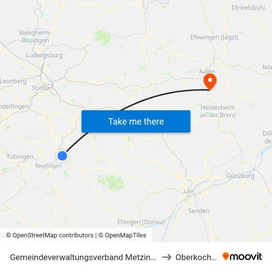 Gemeindeverwaltungsverband Metzingen to Oberkochen map