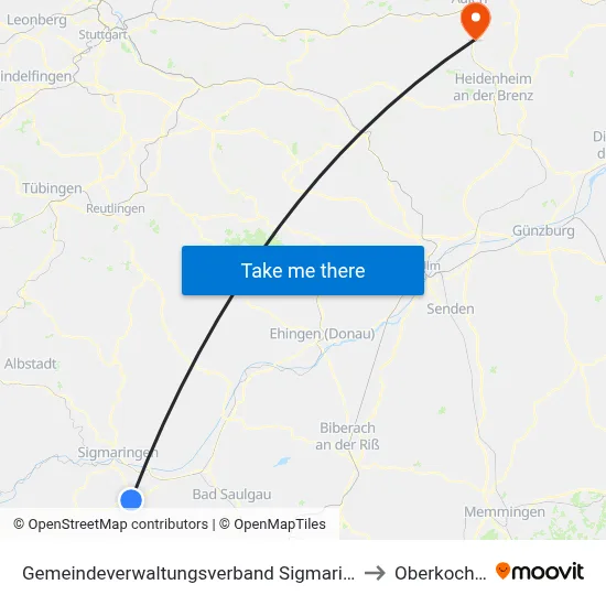 Gemeindeverwaltungsverband Sigmaringen to Oberkochen map