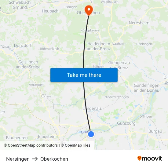 Nersingen to Oberkochen map