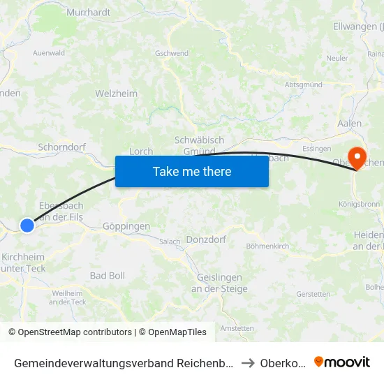 Gemeindeverwaltungsverband Reichenbach An Der Fils to Oberkochen map