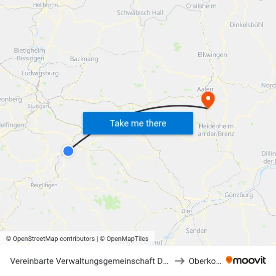 Vereinbarte Verwaltungsgemeinschaft Der Stadt Nürtingen to Oberkochen map