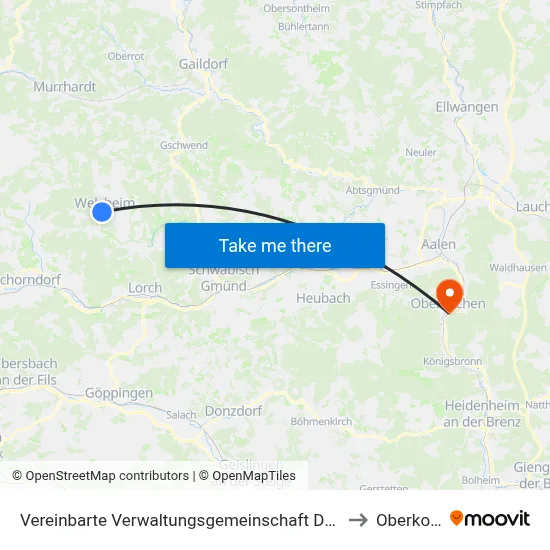 Vereinbarte Verwaltungsgemeinschaft Der Stadt Welzheim to Oberkochen map