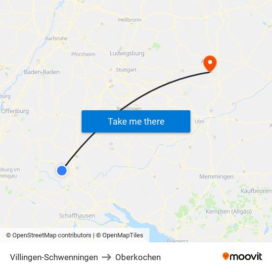 Villingen-Schwenningen to Oberkochen map