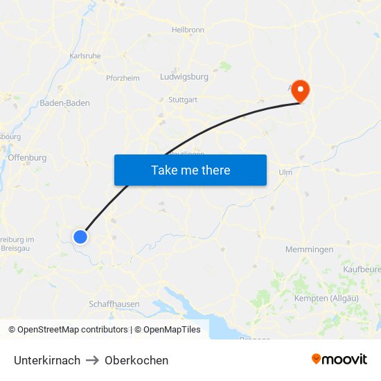 Unterkirnach to Oberkochen map