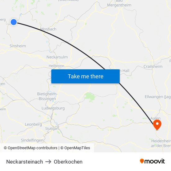 Neckarsteinach to Oberkochen map