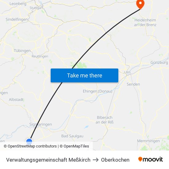 Verwaltungsgemeinschaft Meßkirch to Oberkochen map