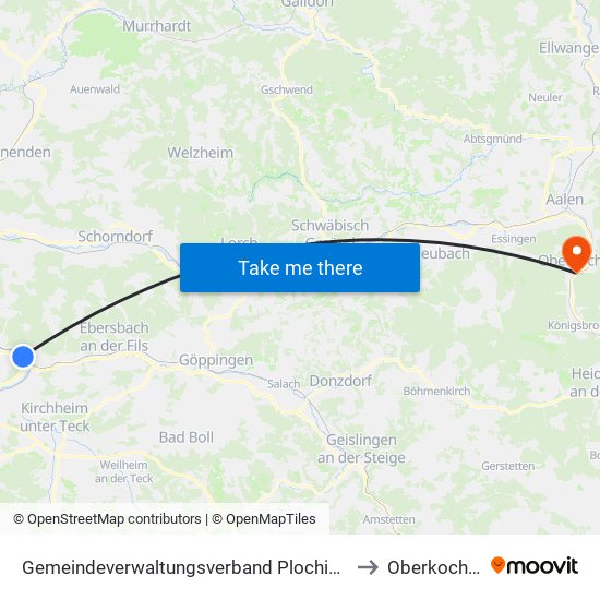 Gemeindeverwaltungsverband Plochingen to Oberkochen map