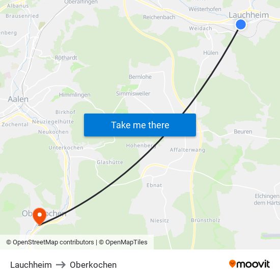 Lauchheim to Oberkochen map