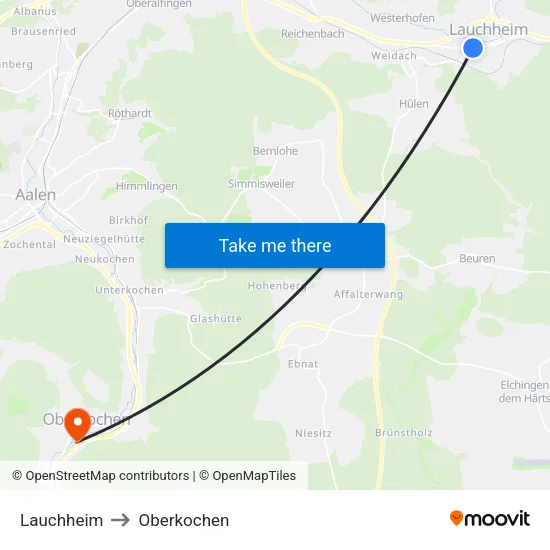 Lauchheim to Oberkochen map