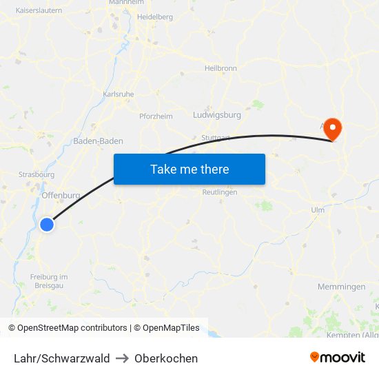 Lahr/Schwarzwald to Oberkochen map