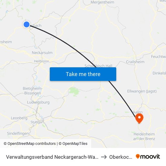 Verwaltungsverband Neckargerach-Waldbrunn to Oberkochen map