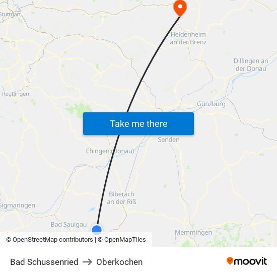 Bad Schussenried to Oberkochen map