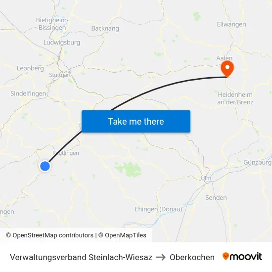 Verwaltungsverband Steinlach-Wiesaz to Oberkochen map