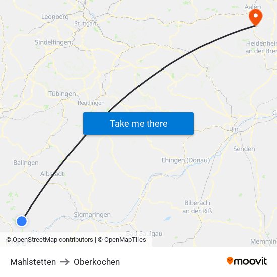 Mahlstetten to Oberkochen map