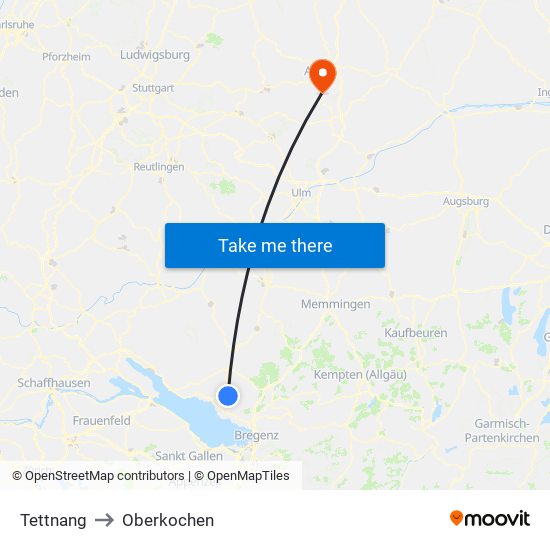 Tettnang to Oberkochen map