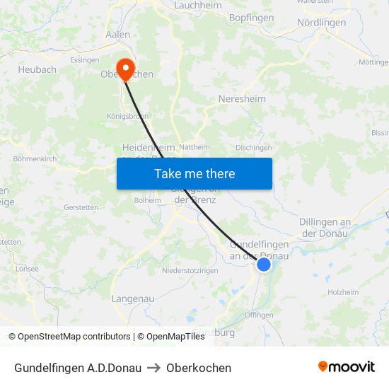 Gundelfingen A.D.Donau to Oberkochen map
