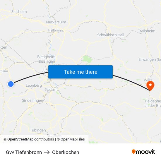 Gvv Tiefenbronn to Oberkochen map