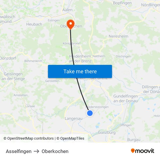 Asselfingen to Oberkochen map