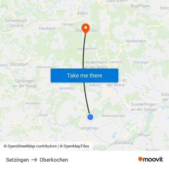 Setzingen to Oberkochen map
