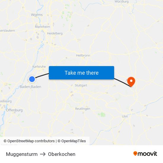 Muggensturm to Oberkochen map