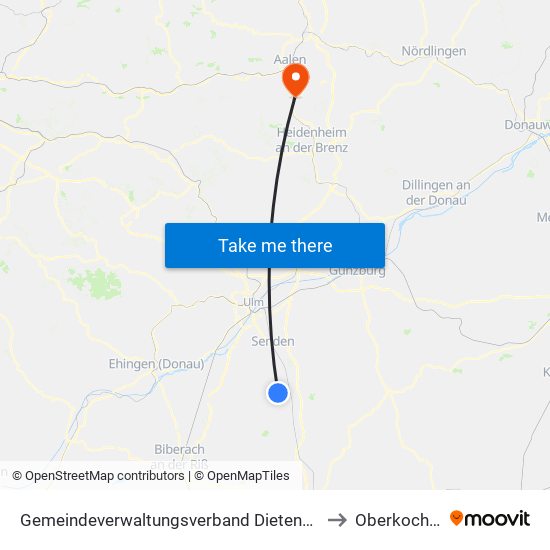 Gemeindeverwaltungsverband Dietenheim to Oberkochen map