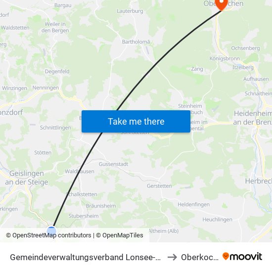 Gemeindeverwaltungsverband Lonsee-Amstetten to Oberkochen map