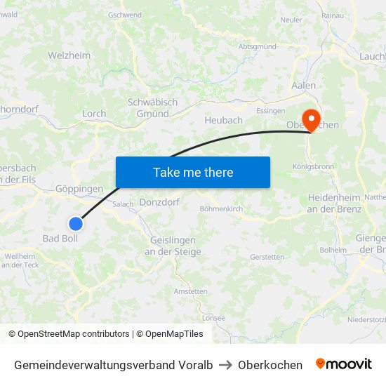 Gemeindeverwaltungsverband Voralb to Oberkochen map