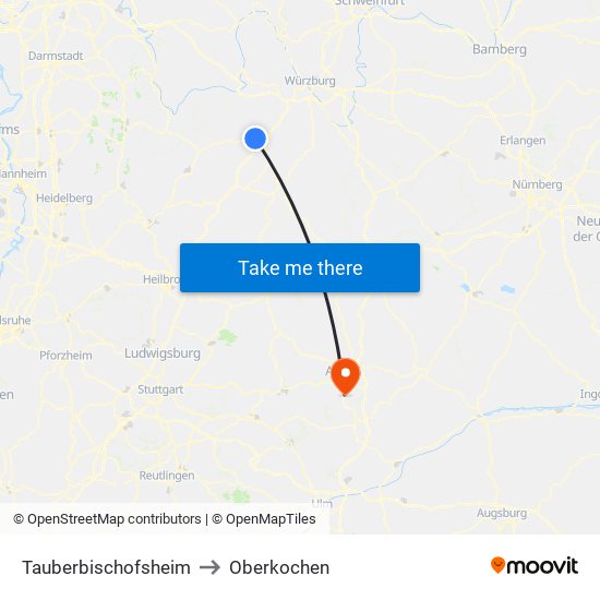 Tauberbischofsheim to Oberkochen map