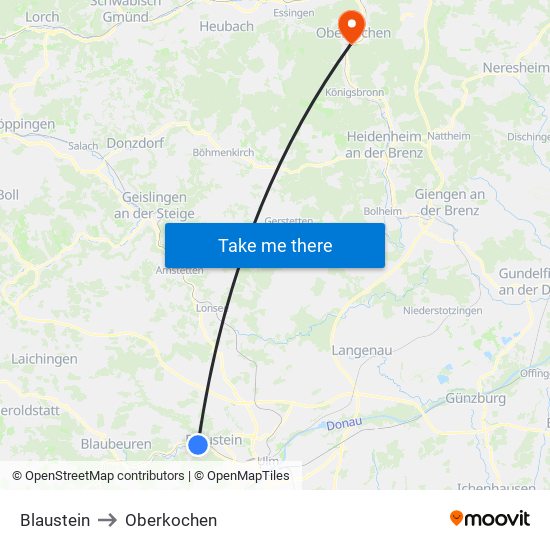 Blaustein to Oberkochen map