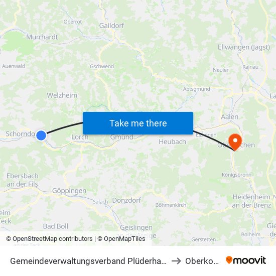 Gemeindeverwaltungsverband Plüderhausen-Urbach to Oberkochen map