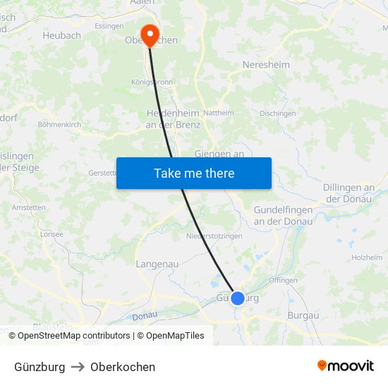 Günzburg to Oberkochen map
