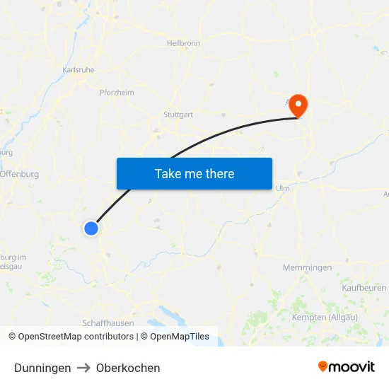 Dunningen to Oberkochen map