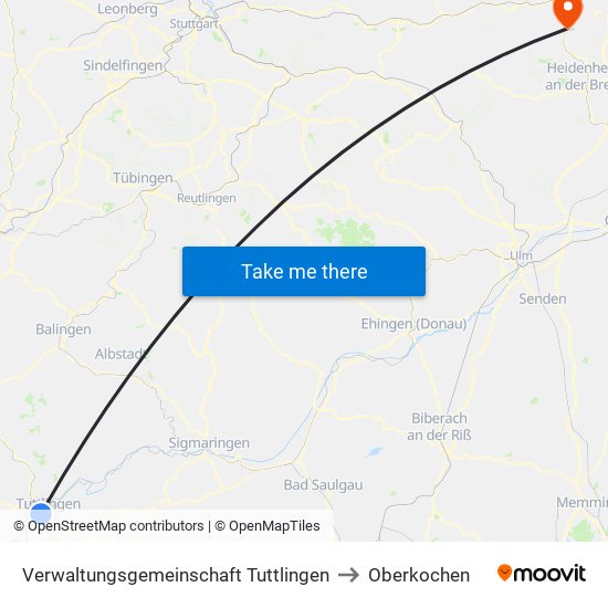 Verwaltungsgemeinschaft Tuttlingen to Oberkochen map