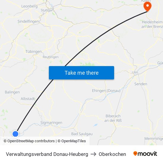 Verwaltungsverband Donau-Heuberg to Oberkochen map