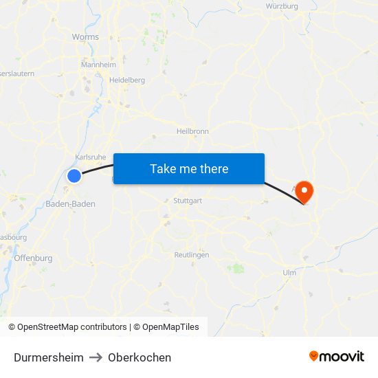 Durmersheim to Oberkochen map