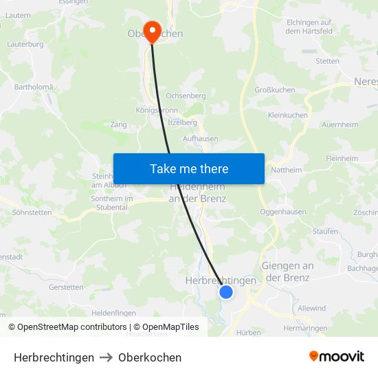 Herbrechtingen to Oberkochen map