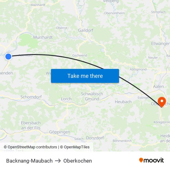 Backnang-Maubach to Oberkochen map