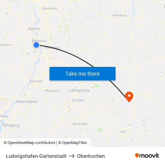 Ludwigshafen-Gartenstadt to Oberkochen map