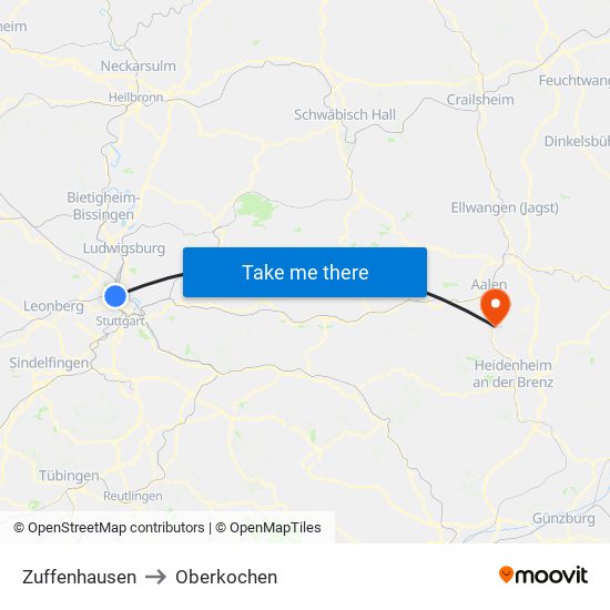 Zuffenhausen to Oberkochen map