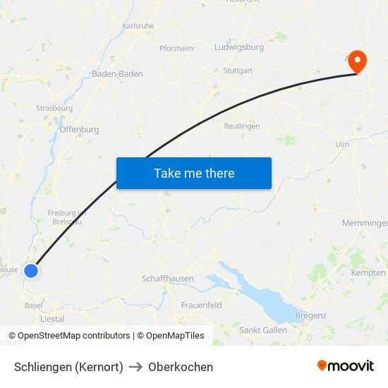 Schliengen (Kernort) to Oberkochen map