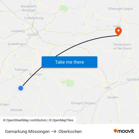 Gemarkung Mössingen to Oberkochen map